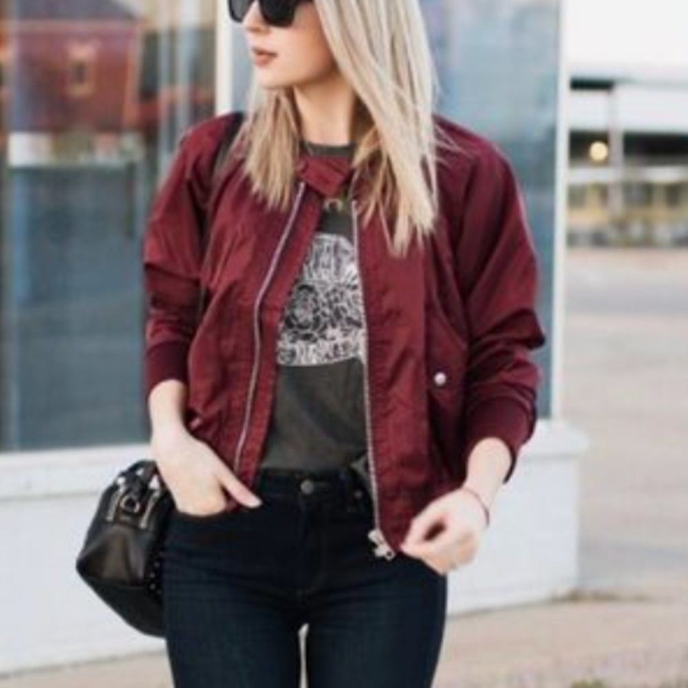 Zip up bomber jacket sporty minimalist burgundy - Picture 1 of 12